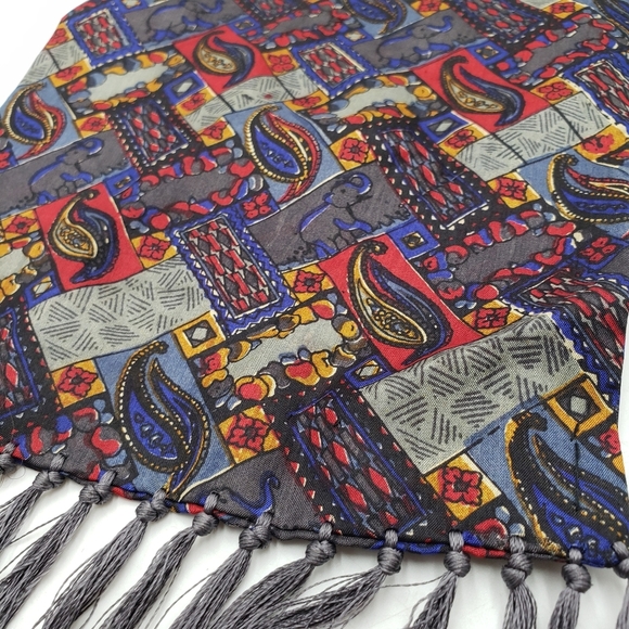 The Bombay Store Pure Silk Scarf Unisex Paisley Elephant Blue Red Grey Fringed - Picture 1 of 7